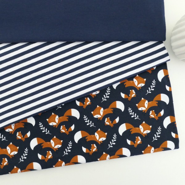 Jersey Stoffpaket 'Füchse' Blau, Streifen Blau, 50cm Bündchen