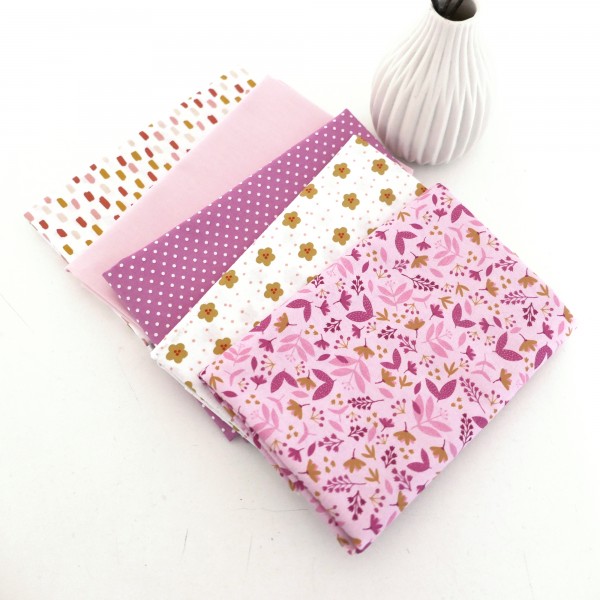 Restepaket Baumwolle, Blumen, Striche, Punkte, Uni, Rosa, Weiß, Gelb