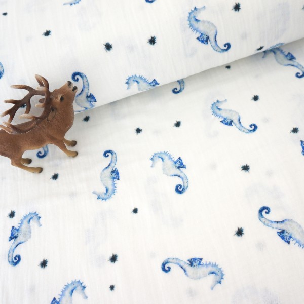 Musselin, Double Gauze, Seepferdchen Blau, Meterware