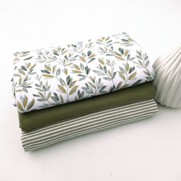 Stoffpaket Jersey Blätter, Zweige, Ringel, Bündchen Oliv