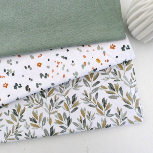 Stoffpaket Jersey Blätter, Zweige, Kleckse, Salbei, 50cm Bündchen