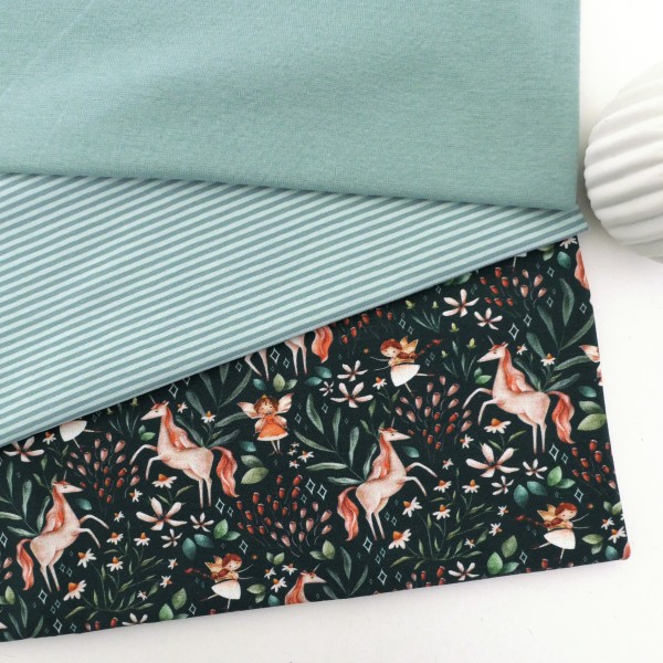 Stoffpaket Jersey, Einhörner und Elfen Petrol, Ringel Mint, 25 cm Bündchen