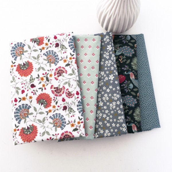 5 x 50 x 140 cm, Stoffpaket, Pfauen, Punkte, Blumen, Baumwolle