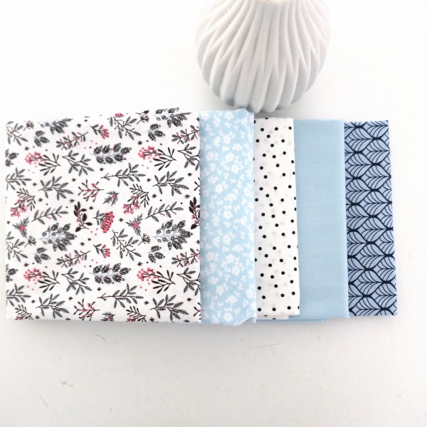 Stoffpaket, Fat Quarter, Baumwolle, Popeline, Streublumen, Hellblau, Weiß