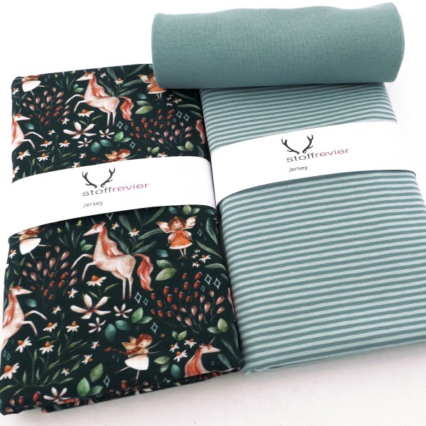 Stoffpaket Jersey, Einhörner und Elfen Petrol, Ringel Mint, 25 cm Bündchen