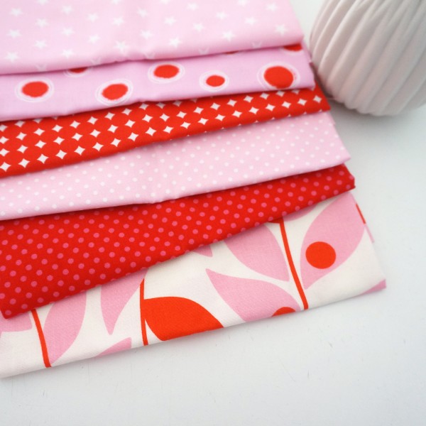 Stoffpaket Baumwolle, 6 x Fat Quarter, 'Rot-Rosa' Mixed
