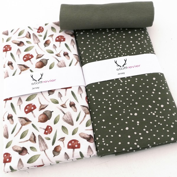 Jersey Stoffpaket, Pilze und Eicheln Weiß, Kleckse, Moos, 50cm Bündchen