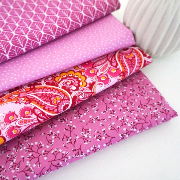 Stoffpaket, Baumwolle, Paisley, Blätter, Punkte, Pink