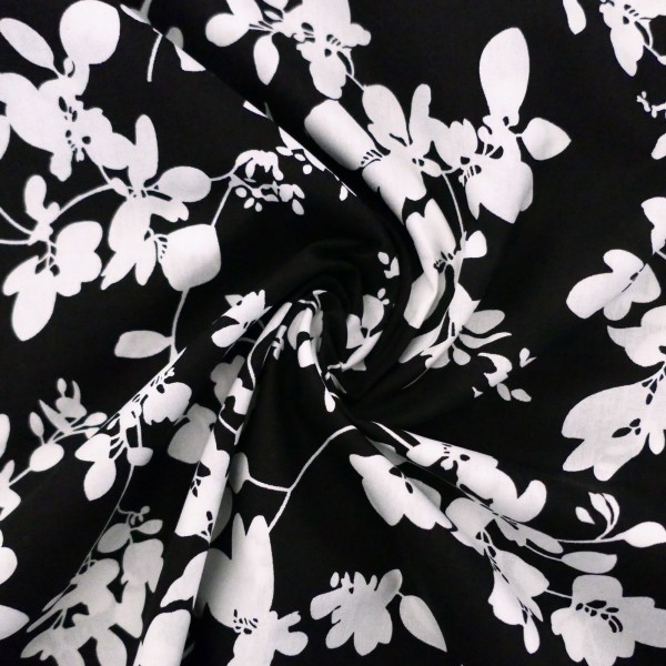 Baumwollstoff, Blumen, Schwarz, Weiß, Meterware