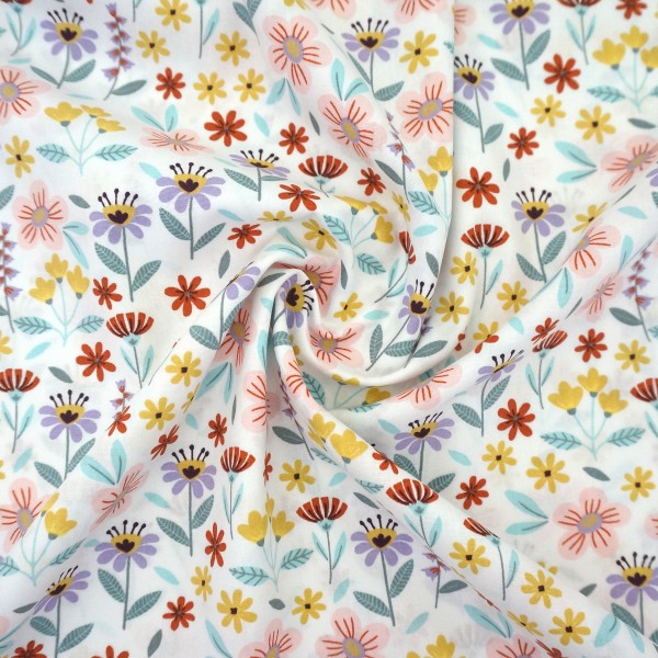 Baumwollstoff, Popelin, Sommmerwiese, Weiß, Meterware