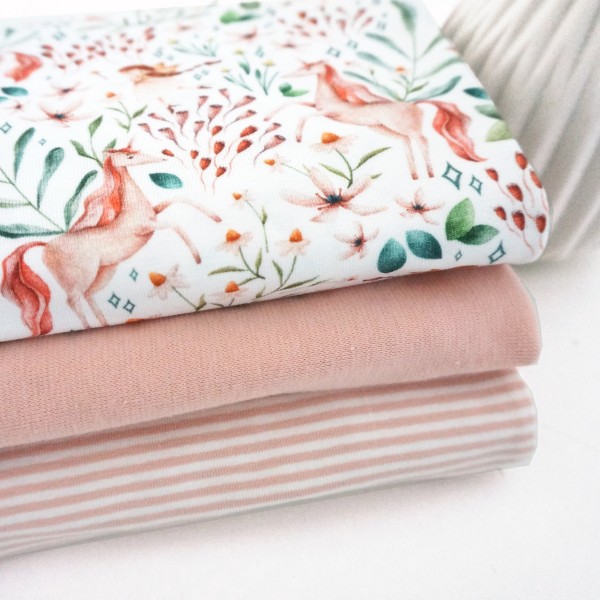 Stoffpaket Jersey, Einhörner und Elfen, Ringel Rosé, 50 cm Bündchen