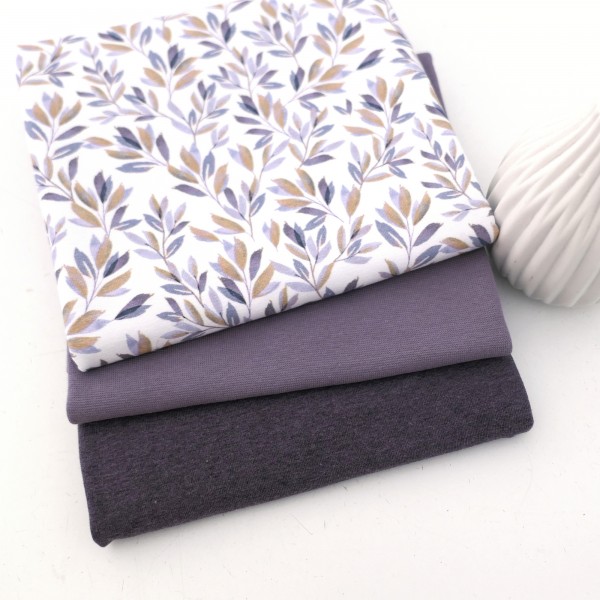 Stoffpaket Jersey Blätter, Zweige, Mauve, Uni melange, 50cm Bündchen