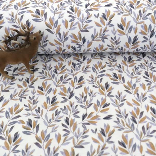 Jersey Blätter, Zweige, Mauve, Senf, Meterware