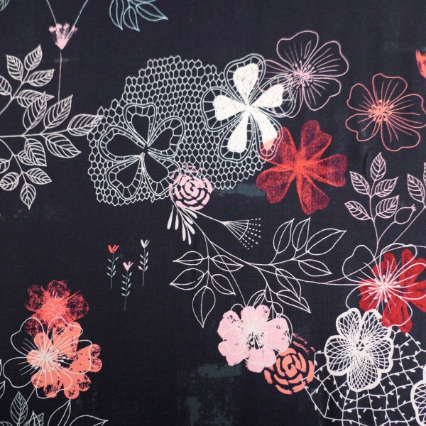 Jersey, Mystical Florals, Blumen, Blüten, Schwarzblau, swafing, Meterware