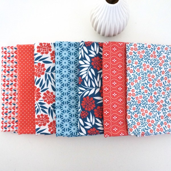 Stoffpaket Baumwolle, 7 x Fat Quarter, Blumen, Herzen, Punkte, Patchwork