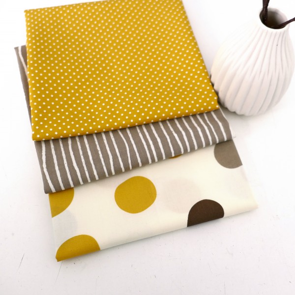 Stoffpaket Baumwolle, 3 Stoffe, Birch, swafing, Taupe, Senf, Kleckse, Linien, Punkte