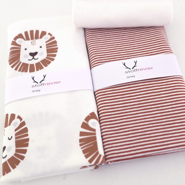 Jersey Stoffpaket, Löwenköpfe Natur/Braun, Ringel, Bündchen