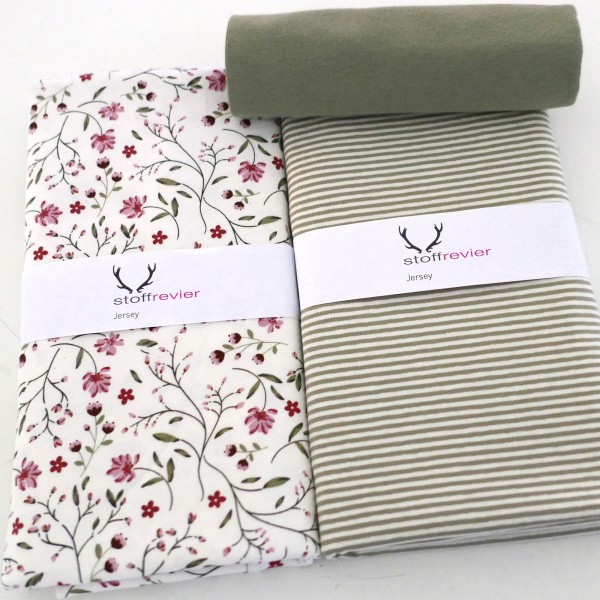 Jersey Stoffpaket, Blumenranken, Ranken, Ringel, Bündchen Moos