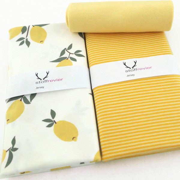 Stoffpaket Jersey, große Zitronen, Ringel Gelb, 25 cm Bündchen