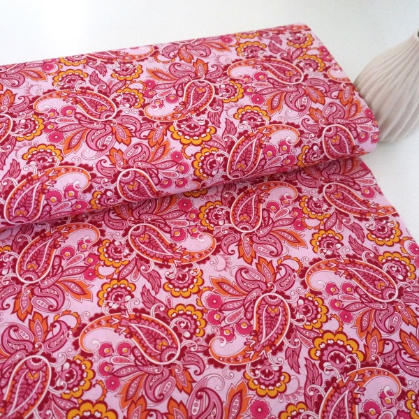 Baumwollstoff, Paisley, Blumen, Pink, Meterware