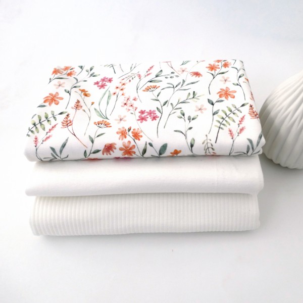 Jersey Stoffpaket, Kräuterwiese, Ripjersey Uni, Bündchen Off-White