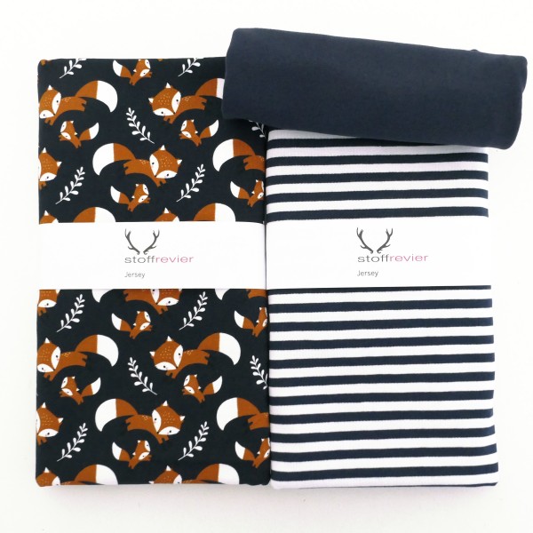 Jersey Stoffpaket 'Füchse' Blau, Streifen Blau, 50cm Bündchen
