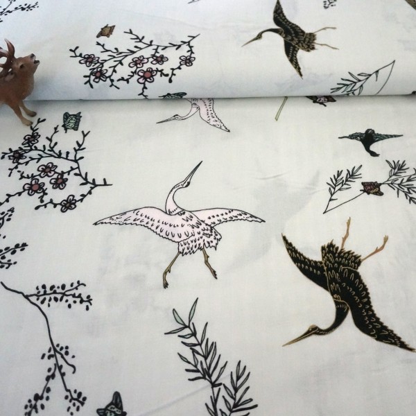 Musselin, Kraniche, Natur, Rosa, Golddruck, Meterware