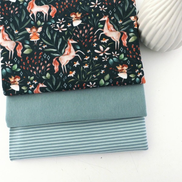 Stoffpaket Jersey, Einhörner und Elfen Petrol, Ringel Mint, 25 cm Bündchen