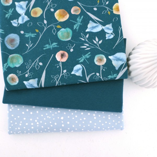 Stoffpaket Jersey Aquarellblüten Joy, Kleckse Bleu, Bündchen