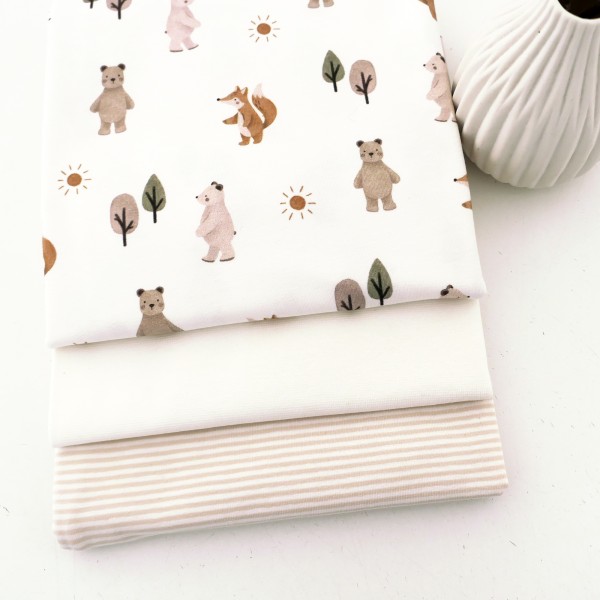 Stoffpaket Jersey, Fuchs und Bär, Off-White, Ringel Creme, 50cm Bündchen