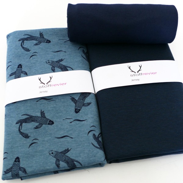 Stoffpaket Jersey Kois, Fische, feine Ringel, Dunkelblau, 50 cm Bündchen