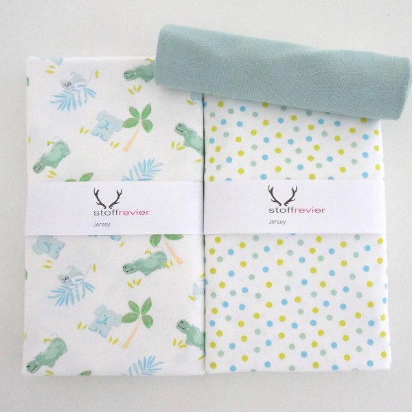 Stoffpaket Jersey, Safari, Ink Dots, Weiß/Mint/Blau, Bündchen