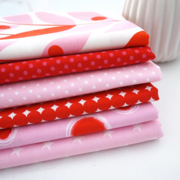 Stoffpaket Baumwolle, 6 x Fat Quarter, 'Rot-Rosa' Mixed
