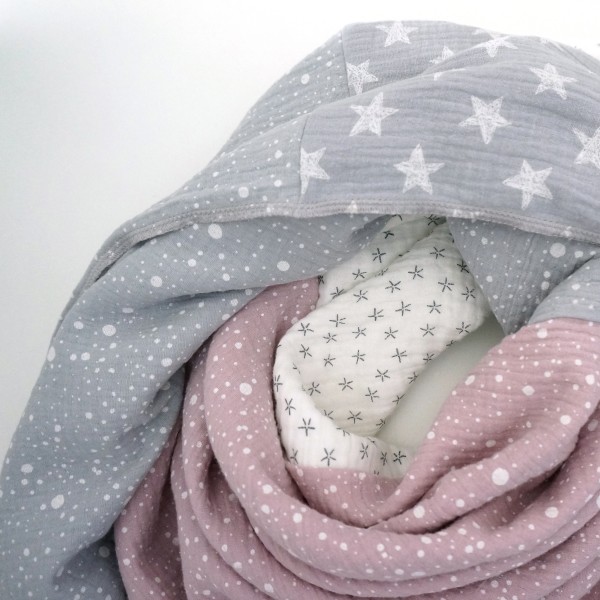 Halstuch Musselin XXL 4 Designs, Rosa, Hellgrau, Weiß