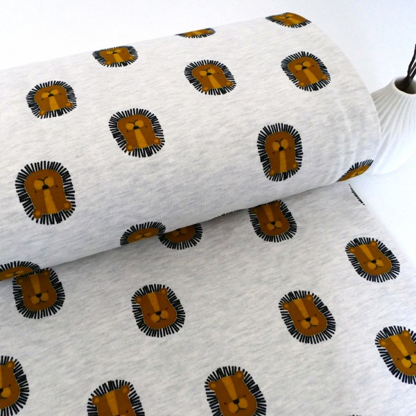 Kuschelsweat 'Lion', Löwen, Ecru meliert, Meterware