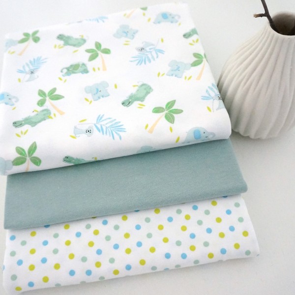 Stoffpaket Jersey, Safari, Ink Dots, Weiß/Mint/Blau, Bündchen