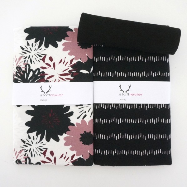 Stoffpaket Jersey, große Blüten, Altrosa, Striche Schwarz, Bündchen