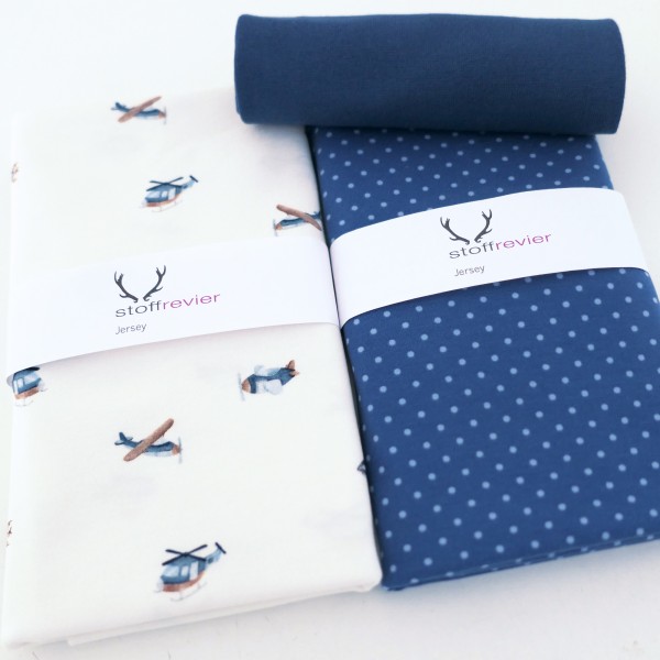 Stoffpaket Jersey Hubschrauber Water Colour, Punkte Mittelblau, 50cm Bündchen