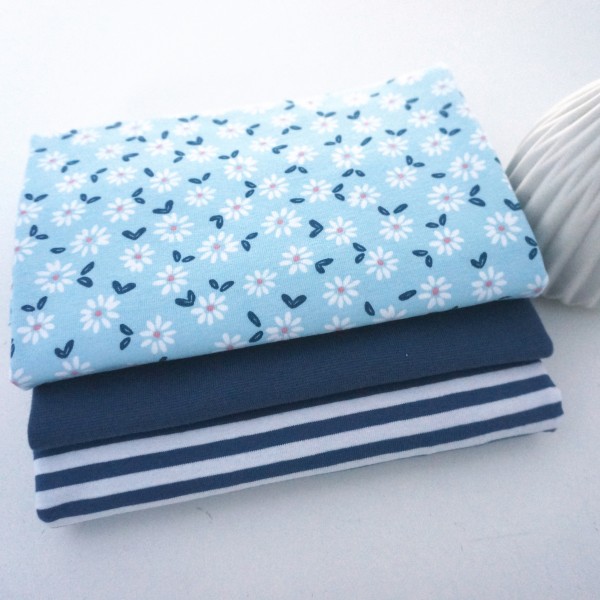 Stoffpaket Jersey, Streublumen, Hellblau, Streifen, Bündchen