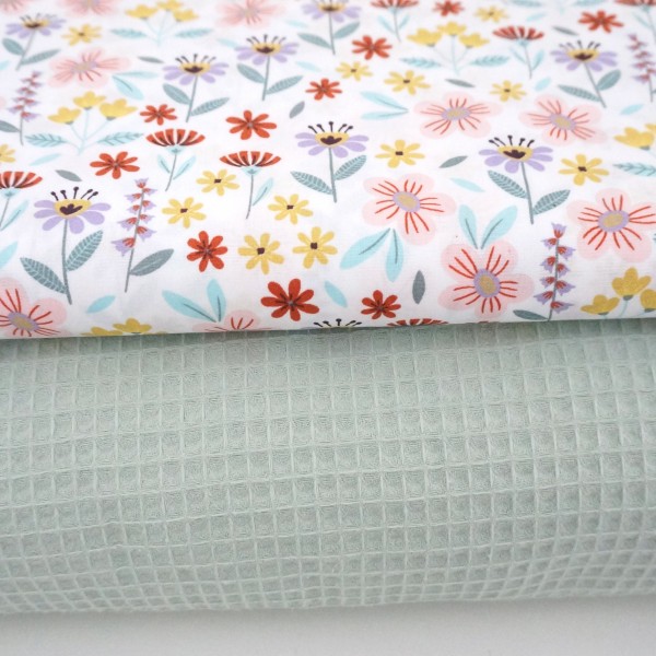 Stoffpaket, Baumwolle, Waffelpiqué Mint, Blumenwiese, Pastell