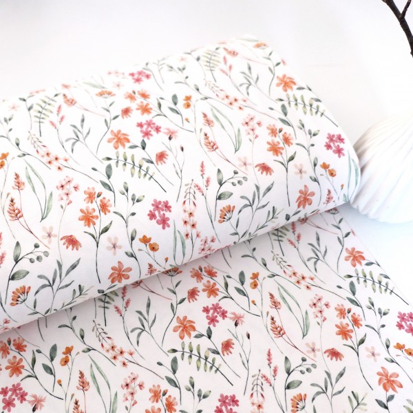 Jersey Blüten, Zweige, Off-White, Bunt, Meterware