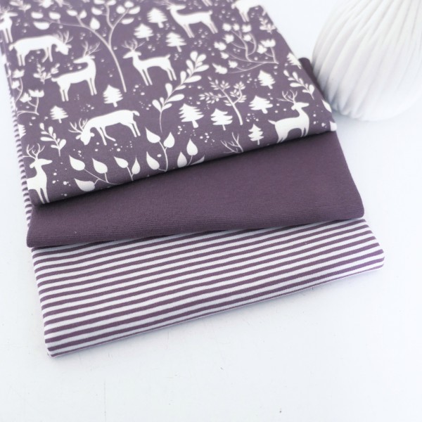Stoffpaket Jersey, 'Miniwinter', Rotwild, Ringel Mauve, 50cm Bündchen