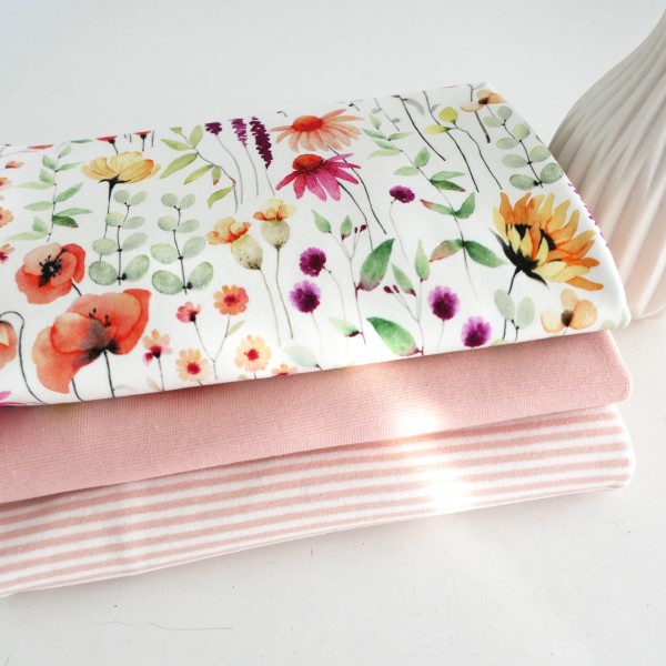 Stoffpaket Jersey Wiesenblumen, Off-White, Ringel Lachsrosa, Bündchen