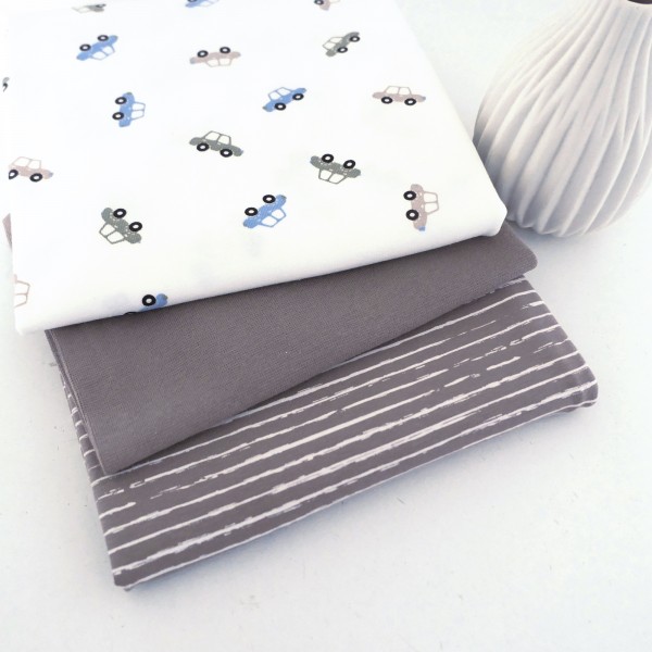 Stoffpaket Jersey, kleine Autos Off-White, Linien Taupe, Bündchen