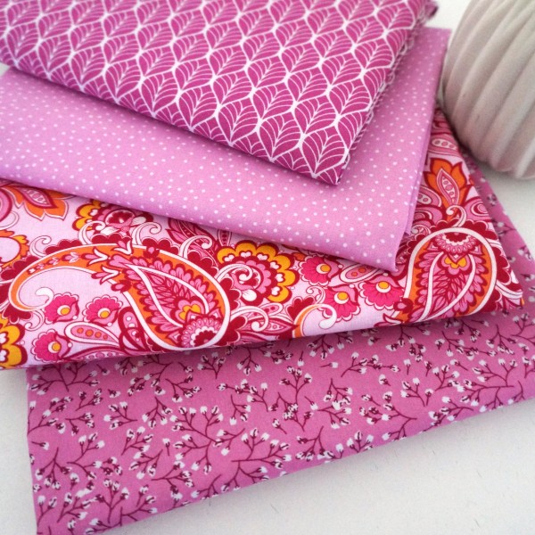 Stoffpaket, Baumwolle, Paisley, Blätter, Punkte, Pink