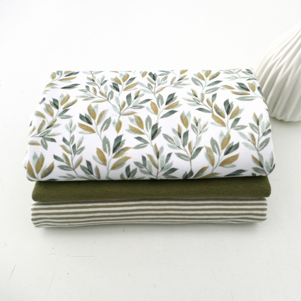 Stoffpaket Jersey Blätter, Zweige, Ringel, Bündchen Oliv