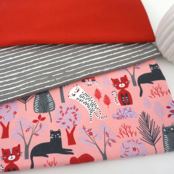 Stoffpaket Jersey Katzen, Miau, Linien Grau, 50cm Bündchen