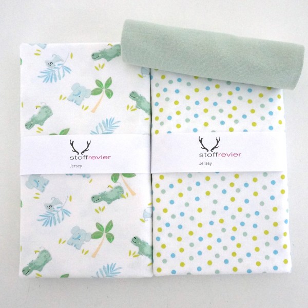 Stoffpaket Jersey, Safari, Ink Dots, Weiß/Mint/Blau, Bündchen