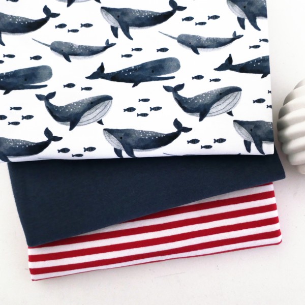 Stoffpaket Jersey Wale, Weiß, Ringel 5mm Rot, 50cm Bündchen