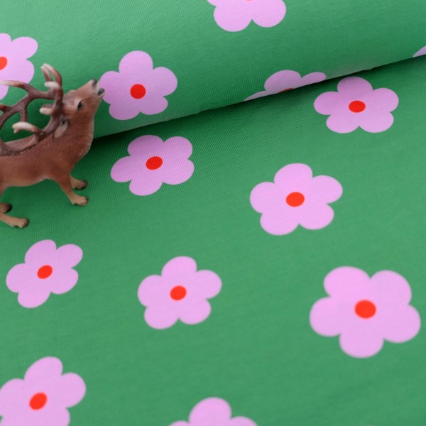Jersey Prilblumen, Rosa, Grün, Meterware